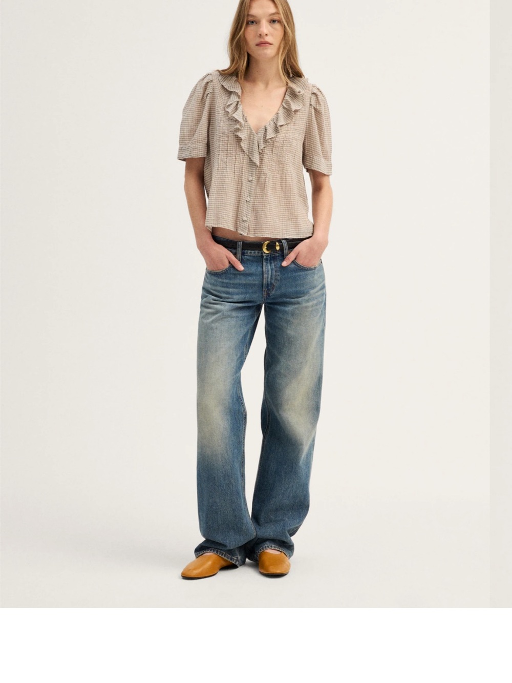 Madewell Beige Ruffle V-Neck Button-Front Blouse - Picture 4 of 9